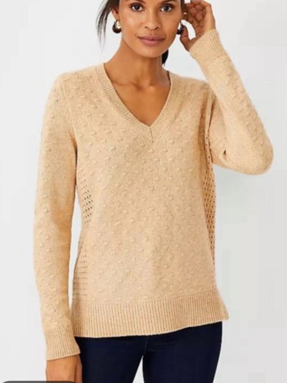 Ann Taylor V-Neck Textured Knit Sweater in Camel Size Medium Pointelle Detail